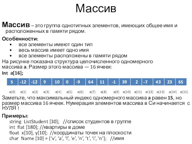 Массив Массив – это группа однотипных элементов, имеющих общее имя