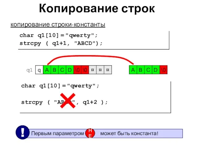 Копирование строк копирование строки-константы char q1[10] = "qwerty"; strcpy (