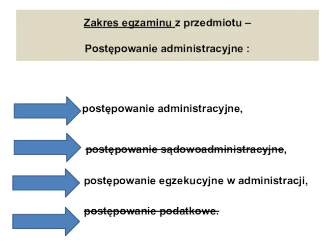 Zakres egzaminu z przedmiotu – Postępowanie administracyjne : postępowanie administracyjne, postępowanie sądowoadministracyjne, postępowanie