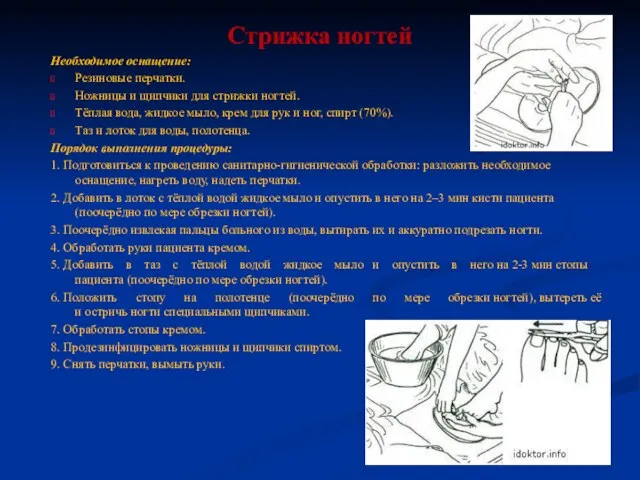 Стрижка ногтей Необходимое оснащение: Резиновые перчатки. Ножницы и щипчики для