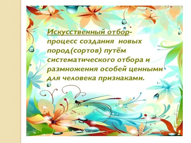 Искусственный отбор- процесс создания новых пород(сортов) путём систематического отбора и размножения особей ценными для человека признаками.