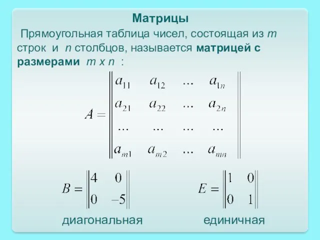 Прямоугольная таблица чисел, состоящая из m строк и n столбцов, называется матрицей с