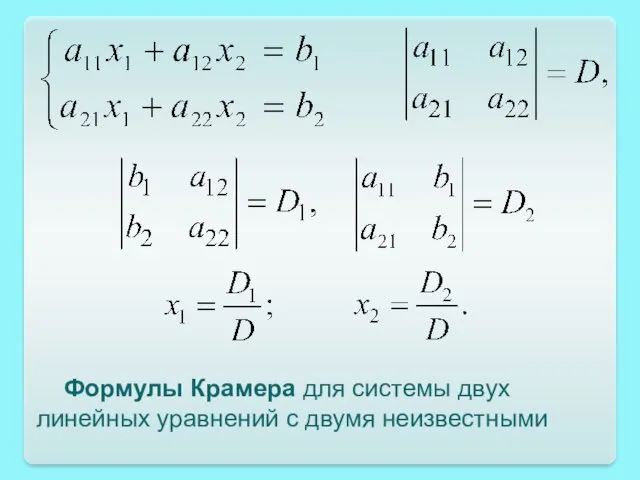 Формулы Крамера для системы двух линейных уравнений с двумя неизвестными