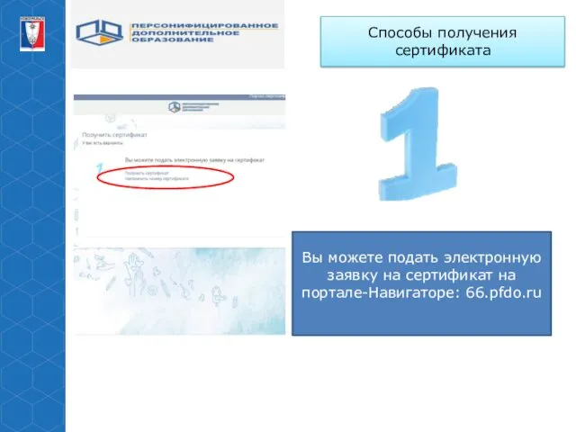 Способы получения сертификата Вы можете подать электронную заявку на сертификат на портале-Навигаторе: 66.pfdo.ru
