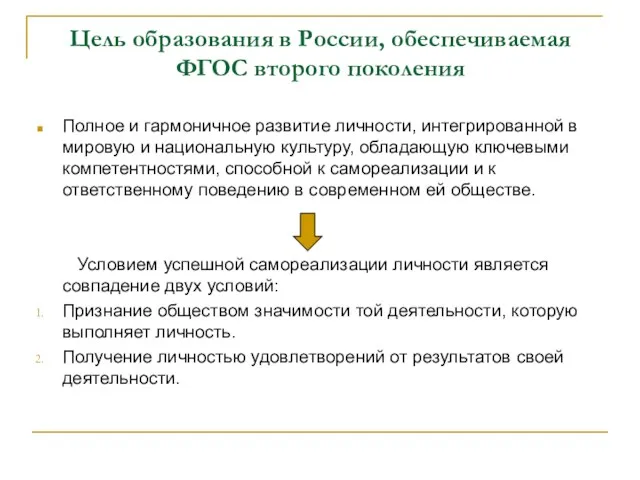 Цель образования в России, обеспечиваемая ФГОС второго поколения Полное и