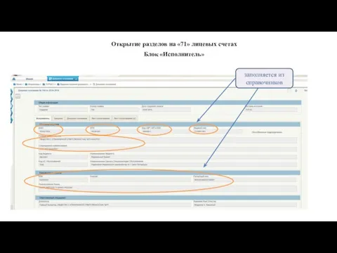 Открытие разделов на «71» лицевых счетах Блок «Исполнитель» заполняется из справочников