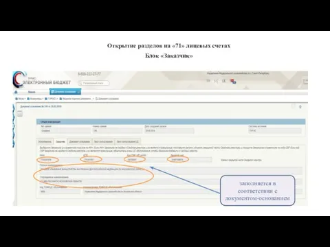 Открытие разделов на «71» лицевых счетах Блок «Заказчик» заполняется в соответствии с документом-основанием