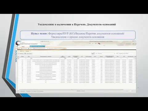 Уведомление о включении в Перечень Документов-оснований Пункт меню: Формуляры/ПУР (КС)/Ведение Перечня документов-оснований/ Уведомление о приеме документа-основания