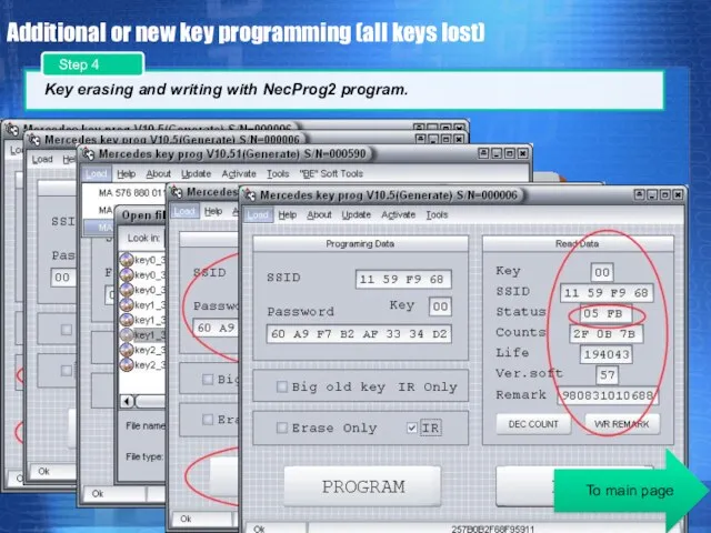 Additional or new key programming (all keys lost) Key erasing and writing with NecProg2 program.