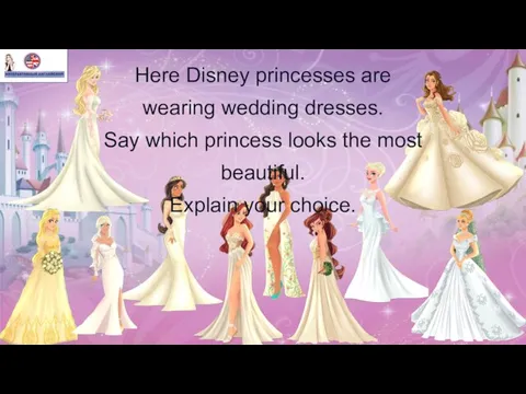 Here Disney princesses are wearing wedding dresses. Say which princess