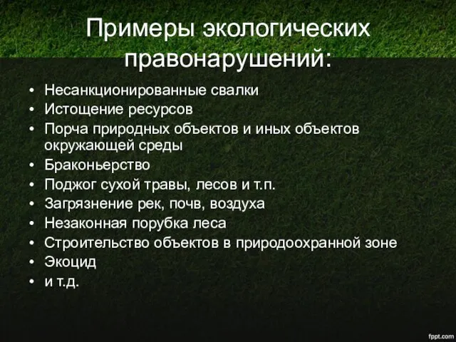 Примеры экологических правонарушений: Несанкционированные свалки Истощение ресурсов Порча природных объектов