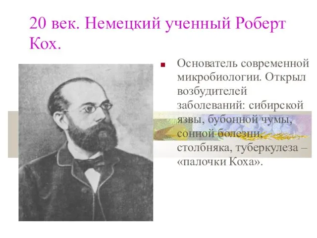 20 век. Немецкий ученный Роберт Кох. Основатель современной микробиологии. Открыл