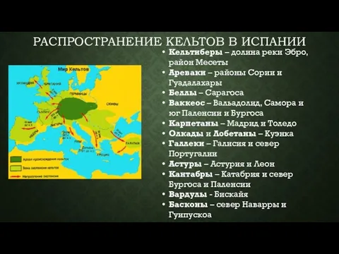 РАСПРОСТРАНЕНИЕ КЕЛЬТОВ В ИСПАНИИ Кельтиберы – долина реки Эбро, район