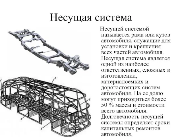 Несущая система Несущей системой называется рама или кузов автомобиля, служащие