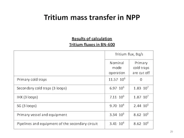 Tritium mass transfer in NPP Results of calculation Tritium fluxes in BN-600