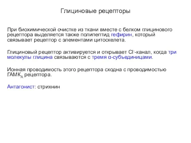 Глициновые рецепторы При биохимической очистке из ткани вместе с белком