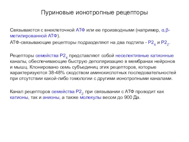 Пуриновые ионотропные рецепторы Связываются с внеклеточной АТФ или ее производными