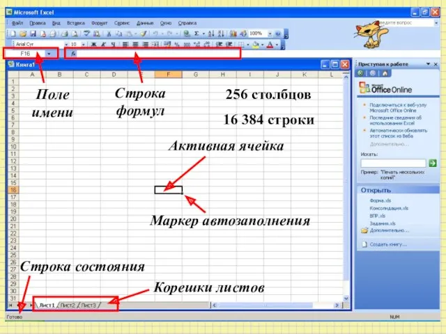 Поле имени Строка формул Активная ячейка Маркер автозаполнения Корешки листов