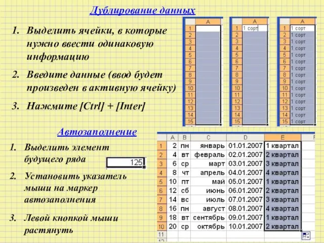 Дублирование данных Выделить ячейки, в которые нужно ввести одинаковую информацию