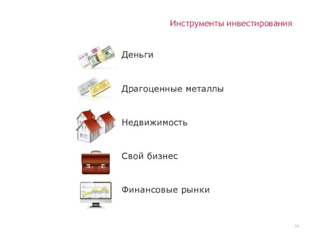 Инструменты инвестирования Недвижимость Деньги Драгоценные металлы Финансовые рынки Свой бизнес