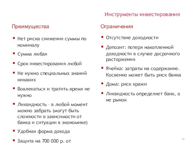 Инструменты инвестирования Преимущества Нет риска снижения суммы по номиналу Сумма