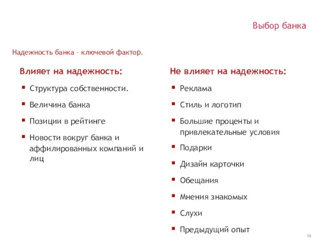 Выбор банка Влияет на надежность: Структура собственности. Величина банка Позиции