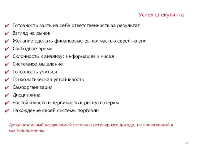 Успех спекулянта Готовность взять на себя ответственность за результат Взгляд