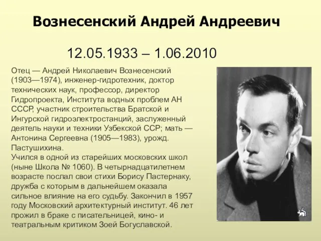 12.05.1933 – 1.06.2010 Отец — Андрей Николаевич Вознесенский (1903—1974), инженер-гидротехник,