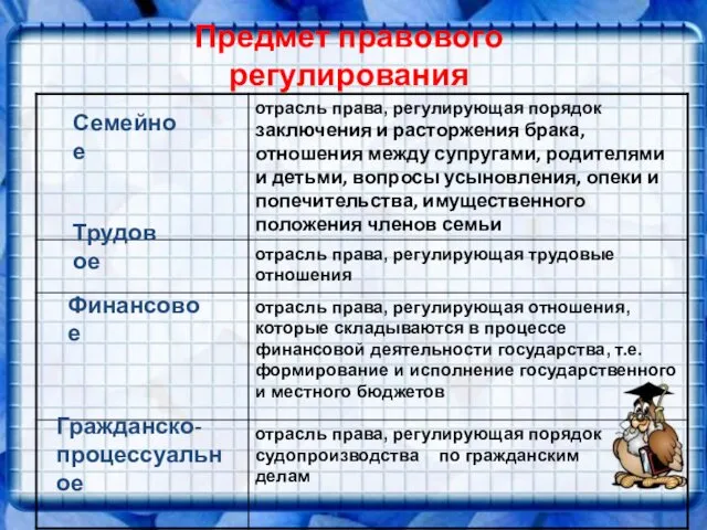 Предмет правового регулирования Семейное Финансовое Трудовое Гражданско- процессуальное