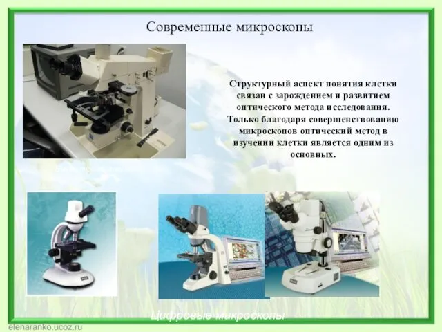 Современные микроскопы Бинокулярный микроскоп Цифровые микроскопы Структурный аспект понятия клетки