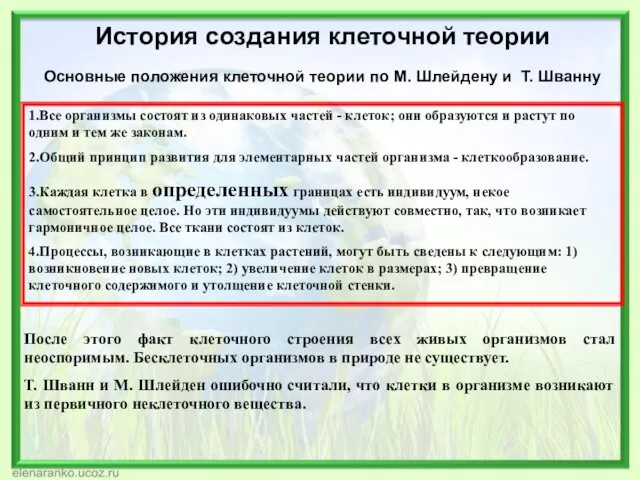 История создания клеточной теории 1.Все организмы состоят из одинаковых частей