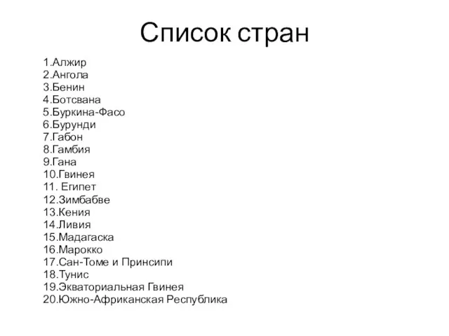 Список стран 1.Алжир 2.Ангола 3.Бенин 4.Ботсвана 5.Буркина-Фасо 6.Бурунди 7.Габон 8.Гамбия