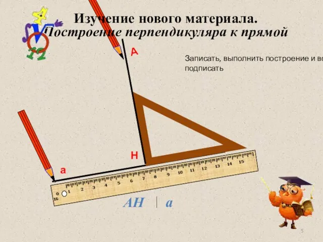 а Н А Изучение нового материала. Построение перпендикуляра к прямой Записать, выполнить построение и все подписать