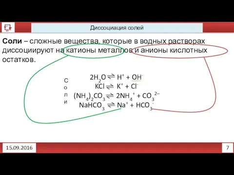 7 Диссоциация солей 15.09.2016 Соли – сложные вещества, которые в