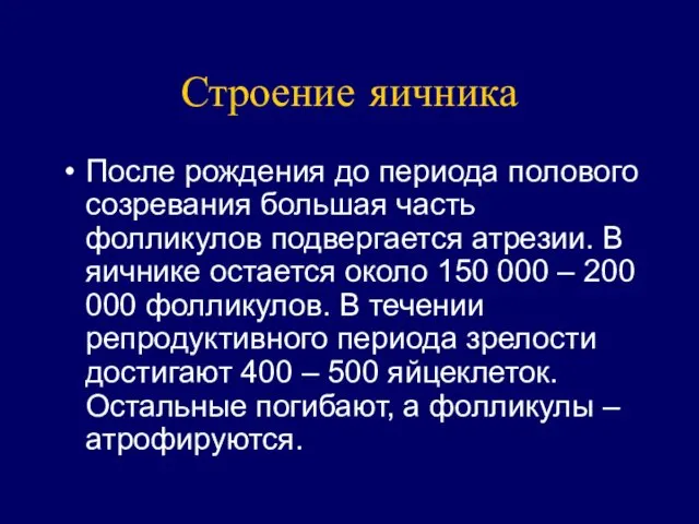 Строение яичника После рождения до периода полового созревания большая часть