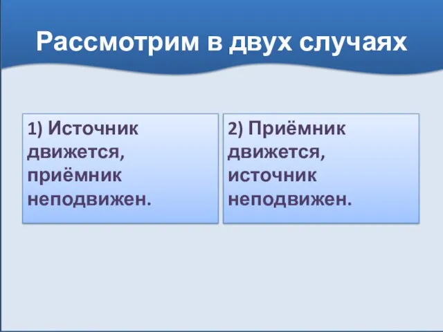 Рассмотрим в двух случаях 1) Источник движется, приёмник неподвижен. 2) Приёмник движется, источник неподвижен.