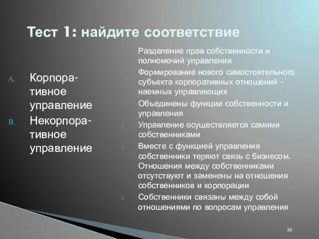 Тест 1: найдите соответствие Корпора-тивное управление Некорпора-тивное управление Разделение прав