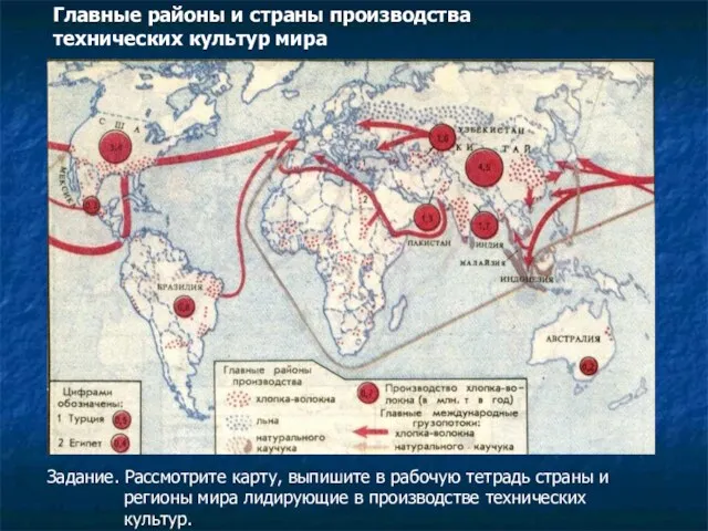 Главные районы и страны производства технических культур мира Задание. Рассмотрите