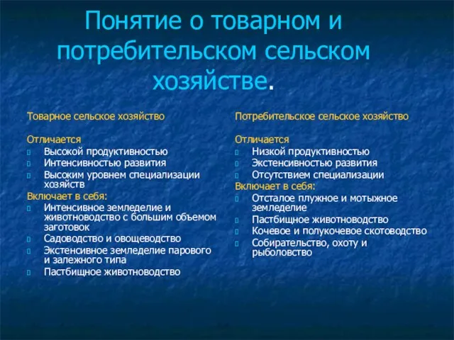 Понятие о товарном и потребительском сельском хозяйстве. Товарное сельское хозяйство