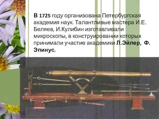 В 1725 году организована Петербургская академия наук. Талантливые мастера И.Е.