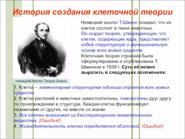 Немецкий зоолог Т.Шванн показал, что из клеток состоят и ткани