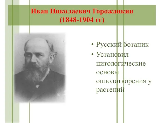 Иван Николаевич Горожанкин (1848-1904 гг) Русский ботаник Установил цитологические основы оплодотворения у растений