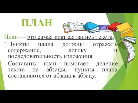 ПЛАН План — это самая краткая запись текста. Пункты плана должны отражать содержание,