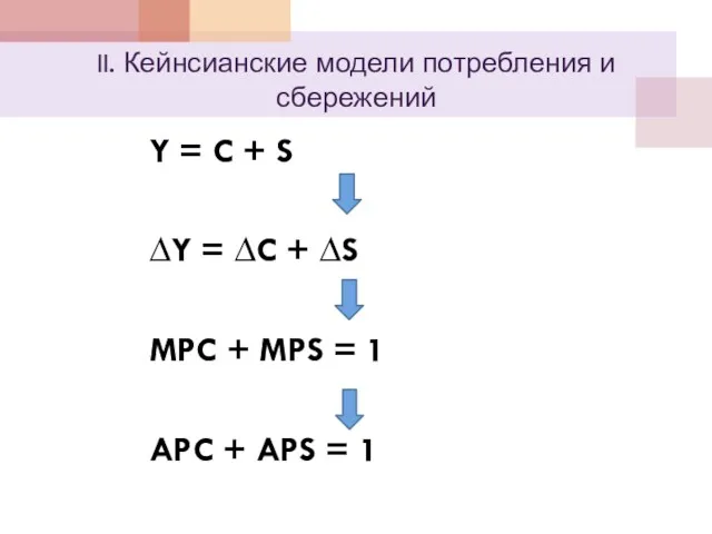 II. Кейнсианские модели потребления и сбережений Y = C +