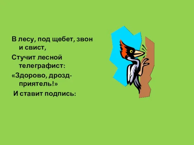 В лесу, под щебет, звон и свист, Стучит лесной телеграфист: «Здорово, дрозд-приятель!» И ставит подпись: