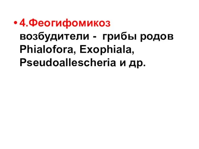 4.Феогифомикоз возбудители - грибы родов Phialofora, Exophiala, Pseudoallescheria и др.