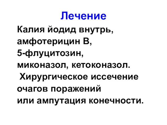 Лечение Калия йодид внутрь, амфотерицин В, 5-флуцитозин, миконазол, кетоконазол. Хирургическое иссечение очагов поражений или ампутация конечности.