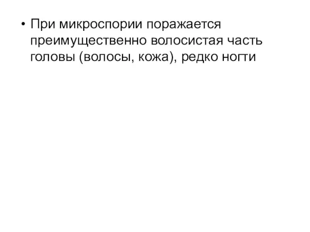 При микроспории поражается преимущественно волосистая часть головы (волосы, кожа), редко ногти