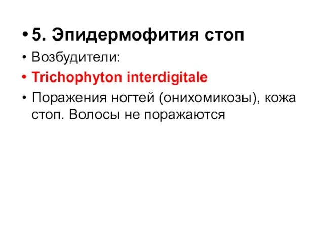 5. Эпидермофития стоп Возбудители: Trichophyton interdigitale Поражения ногтей (онихомикозы), кожа стоп. Волосы не поражаются