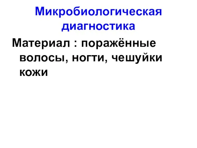 Микробиологическая диагностика Материал : поражённые волосы, ногти, чешуйки кожи